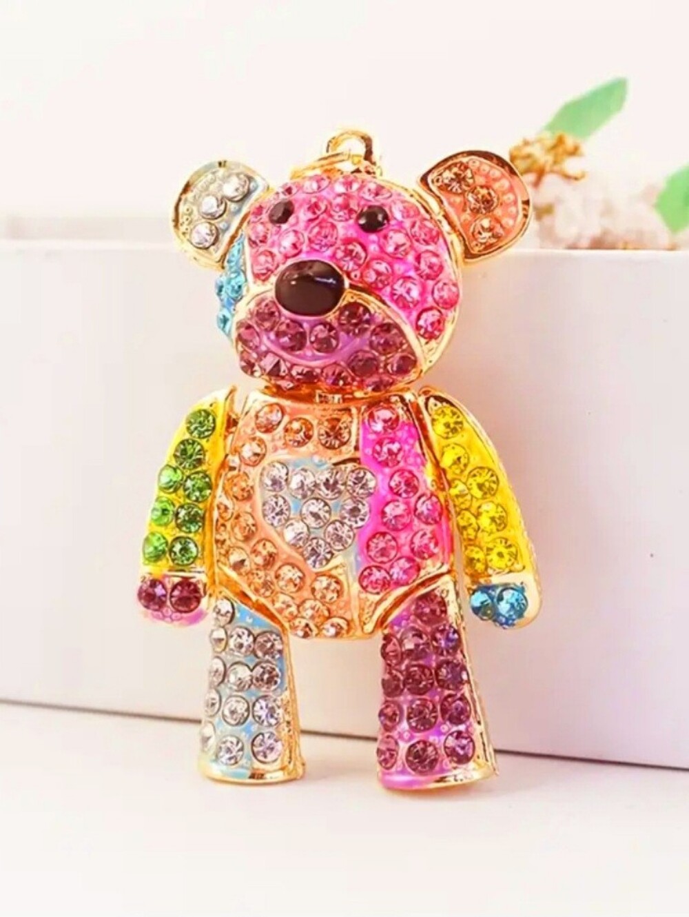 Multicolor Rhinestone Bear Charm Keychain